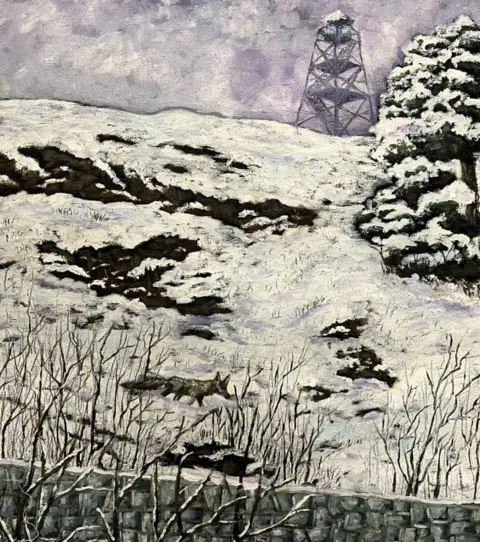 UGC A painting by Vida depicts a snow-covered hill. There is a watchtower in the top right corner and a bit of the prison wall can be seen at bottom of the image. There is a snow-covered fir tree on the right-hand side of the hill, some bare branches at the bottom of the painting and a fox is walking across the hillside.