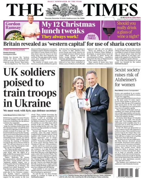 The main headline on the front page of the Times reads: "UK soldiers poised to train troops in Ukraine"