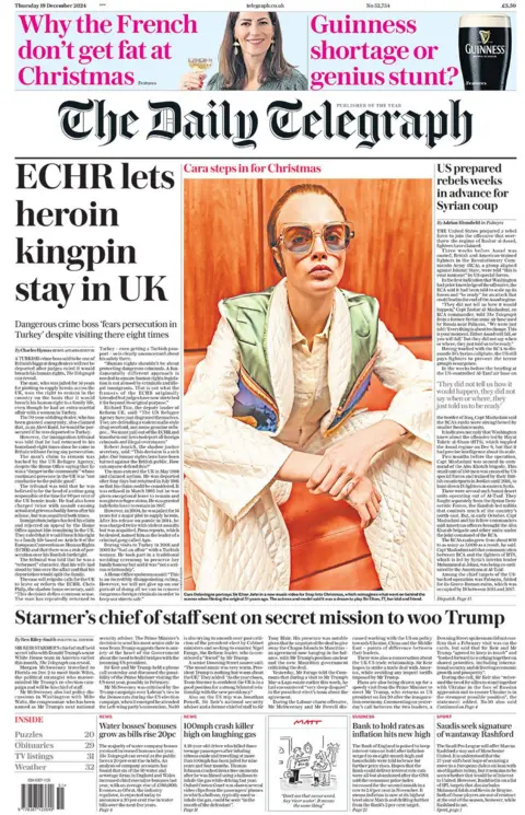 The main headline on the front page of the Daily Telegraph reads: "ECHR lets heroin kingpin stay in UK"