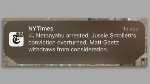 Ken Schwencke A screenshot of a misleading group notification from the New York Times. It reads: "Netanyahu arrested; Jussie Smollett's conviction overturned; Matt Gaetz withdraws from consideration".