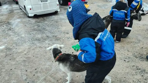 Lisa O'Neil Finn pictured from the back, stroking a husky. There are other families in the background petting dogs and there is no snow on the ground.