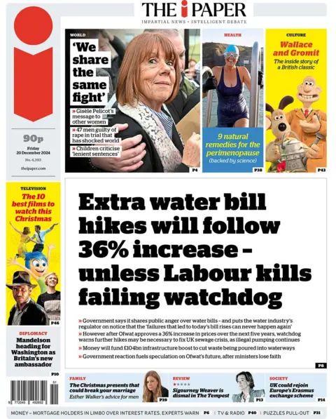 The main headline on the front page of the i newspaper reads: "Extra water bill hikes will follow 36% increase - unless Labour kills failing watchdog" 