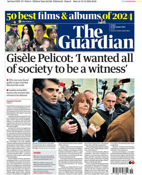 The main headline on the front page of the Guardian reads: "Gisèle Pelicot: 'I wanted all of society to be a witness"