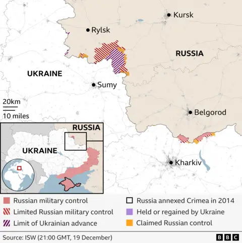 A map showing Russia's Kursk region, of which some areas are held by Ukraine and some by Russia