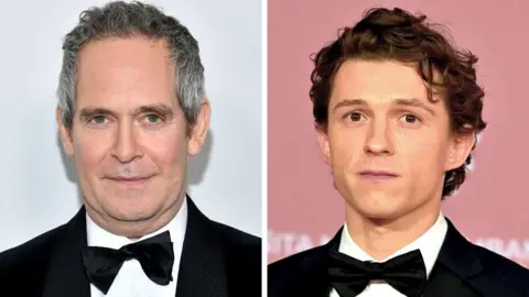 Head and shoulder shots of Tom Hollander on the left and Tom Holland on the right, both in black tie outfits