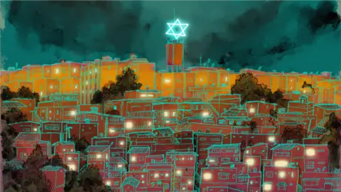 Daniel Arce-Lopez/BBC An illustration depicting a group of favelas known as the Israel Complex in Rio.