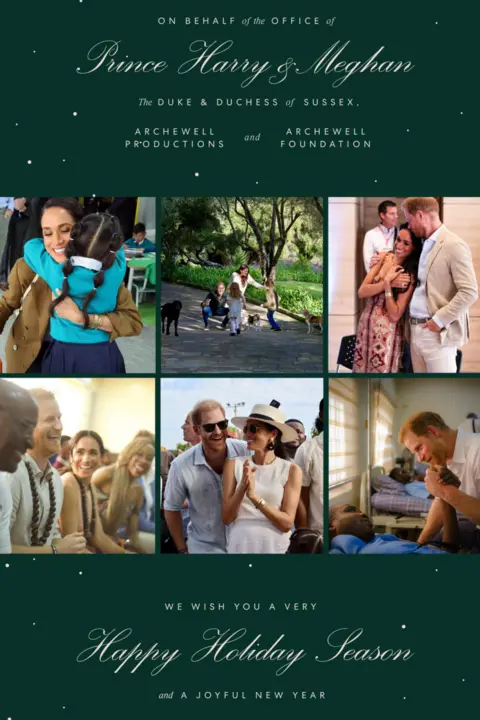 Prince Harry and Meghan's card, which includes a series of photos of the couple and their children. The message says: "On behalf of the Office of Prince Harry and Meghan, the Duke & Duchess of Sussex, Archewell Productions and Archewell Foundation, we wish you a very happy holiday season and a joyful new year."