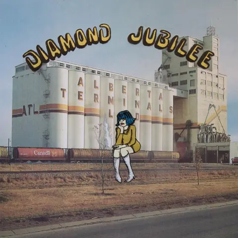 Realistik Artwork for Cindy Lee's album, Diamond Jubilee. It shows a photo of an industrial building and a train with a cartoon picture of a woman in a yellow dress appearing to sit on the train