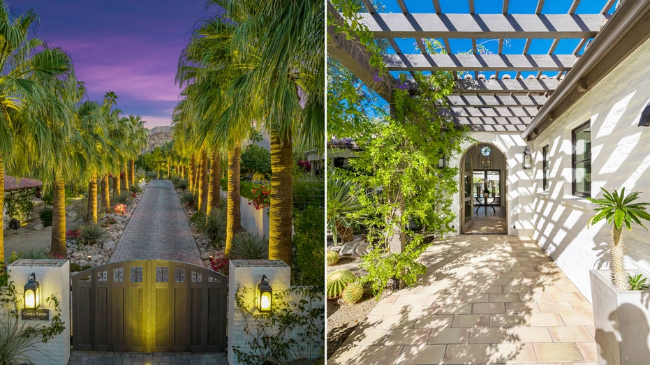 Following a long gated drive way is the front door to the home.