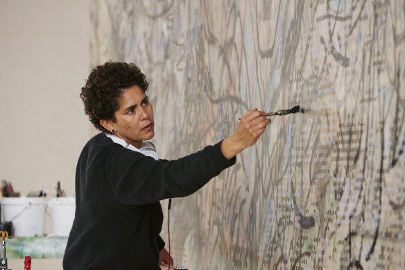 Julie Mehretu at work on HOWL, eon (I, II), 2017 commissioned by the San Francisco Museum of Modern Art.