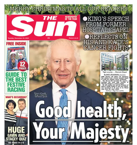 Sun front page reads: "Good health, Your Majesty"