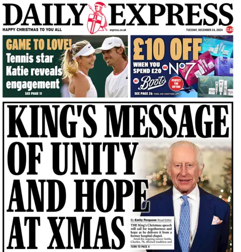 Daily Express headline reads: "King's message of unite and hope at Xmas"