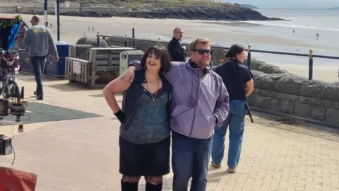 Ruth Jones appears as Nessa alongside James Corden on the set of Gavin & Stacey.