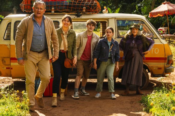 Mr Brown (Hugh Bonneville), Mrs Brown (Emily Mortimer), Jonathan (Samuel Joslin), Judy (Madeleine Harris) and Mrs Bird (Julie Walters) in Peru.  