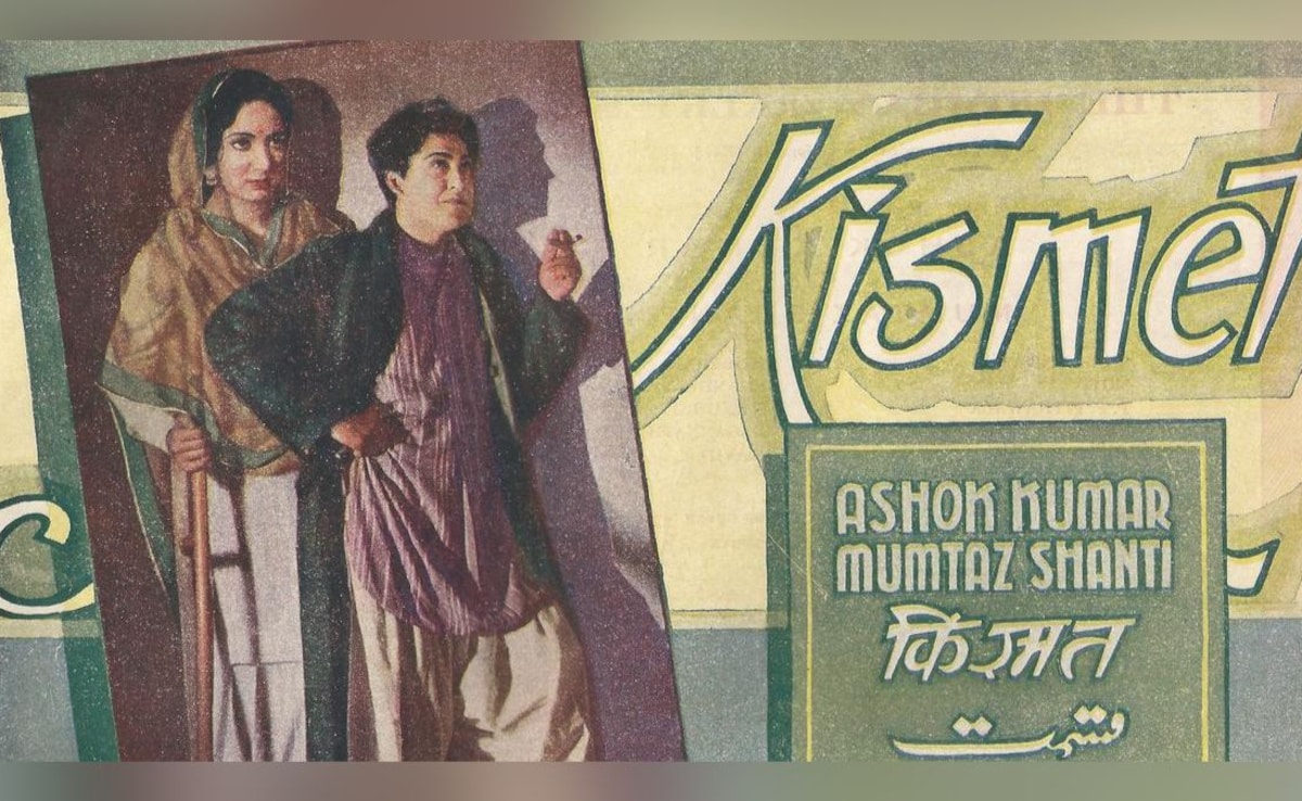 A poster of the movie Kismet, featuring Ashok Kumar and Mumtaz Shanti