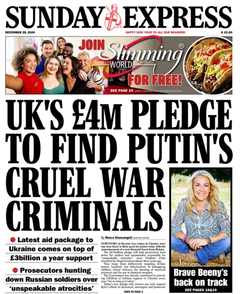 Sunday Express headline reads: "UK’s £4m pledge to find Putin's cruel war criminals".