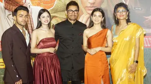 Getty Images Sparsh Shrivastava, Nitanshi Goel, Aamir Khan, Pratibha Ranta and Kiran Rao attend the screening of film 'Laapataa Ladies' on February 27, 2024 in Mumbai, India