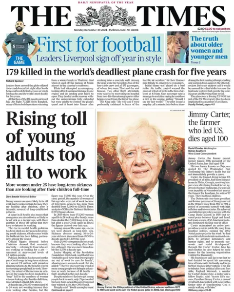 "Rising toll of young adults too ill to work" headlines the Times 