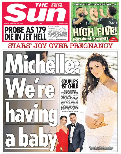 "Michelle: We're having a baby" headlines the Sun 