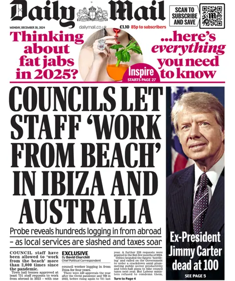 "Councils let staff 'work from beach' in Ibiza and Australia'" headlines the Daily Mail 