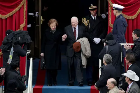 Getty Images  Former President Jimmy Carter and wife Rosalynn Carter arrive on the West Front of the U.S. Capitol on January 20, 2017 in Washington, DC. In today's inauguration ceremony Donald J. Trump becomes the 45th president of the United States.