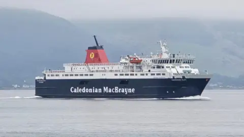 Christopher Brindle A black and white ship with red funnels and Caledonian Isles written on the bow, sailing on a misty day with hills in the background