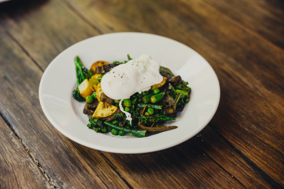 Potato and green hash with hot smoked trout.