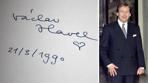 Getty Images A composite image shows one of the Downing Street books signed by Czech statesman, author, poet, playwright, and dissident Vaclav Havel on the left, and on the right, an image of him on 21 March 1990 smiling and looking away from camera while meeting Queen Elizabeth (not pictured).