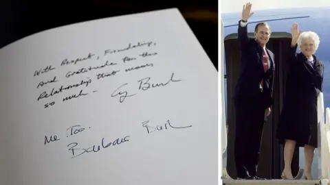 Getty Images A composite image shows the page signed by US President George W Bush and First Lady Barbara Bush on the left, and a picture of them waving from their plane as they leave at the end of their visit to London in June 1989.