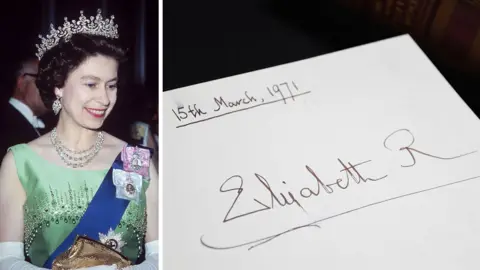 Getty Images A composite image shows an image of Queen Elizabeth II wearing a regal-looking outfit and a crown in May 1971, and on the right, a photo of the page she signed in the Downing Street book in March 1971.