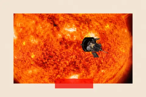 NASA A treated image showing artist’s concept of the Parker Solar Probe spacecraft approaching the orange/red sun. 