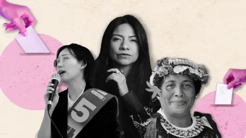 BBC A composite image showing hands posting a ballot, as well as three female politicians who lost or left their seats this year: South Korean former MP Jang Hye-Yeong speaking on the campaign trail, Mexican former senator Indira Kempis looking serious and former Tuvaluan MP Dr Puakena Boreham wearing traditional costume.
