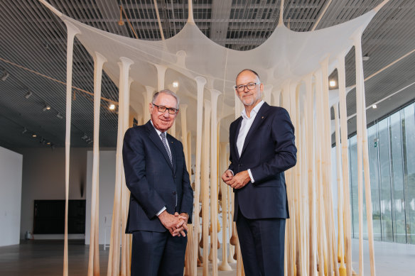 Outgoing Art Gallery of NSW president David Gonski with his successor, Michael Rose.  