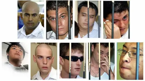 Getty Images A composite images of headshots of the Bali Nine, some behind bars, and each wearing white clothes 