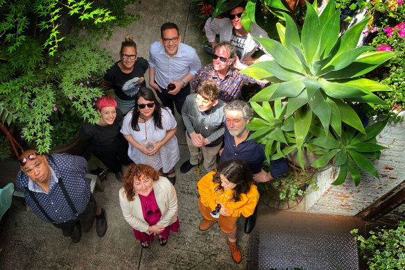 Uncle Kutcha Edwards (left), Bakehouse Studios owners Helen Marcou and Quincy McLean, Creative Industries Minister Steve Dimopoulos (centre rear) and Labor candidate for Richmond Lauren O’Dwyer (centre front) with performers and supporters of Bakehouse in 2022.