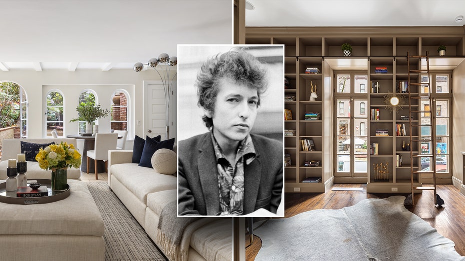 A split of the interior of Bob Dylan's home with an inset of him.