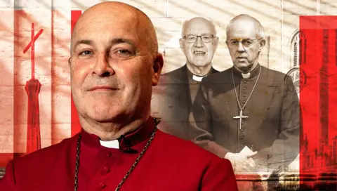 BBC Portrait of Stephen Cottrell, who is looking at the camera with a slight smile. He has a bald head and is clean shaven. He wears a cassock and white clerical collar, with a chain round his neck. In the background are a church tower and a church spire. In the background is Lord Carey, former Archbishop of Canterbury. He is bald with tufts of hair on the side of his head. He is wearing glasses and a dog collar. Next to him is the current Archbishop of Canterbury, Justin Welby. He is balding and is wearing glasses. He is wearing a cassock, a clerical collar and has a metal cross on a chain around his neck.