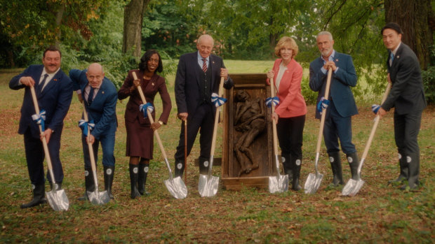 Shovels at the ready, the leaders, including Cate Blanchet as German chancellor Hilda Ortmann, prepare to unleash some Neanderthal revenge.