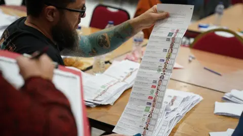 PA Media A man with glasses and a long beard and with tattoos up his left arm looks at a ballot paper with around 20 candidates listed on it. 