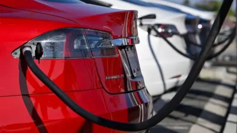 Getty Images A bright red Tesla being charged at an EV charging station. Only the rear of the vehicle is visible.