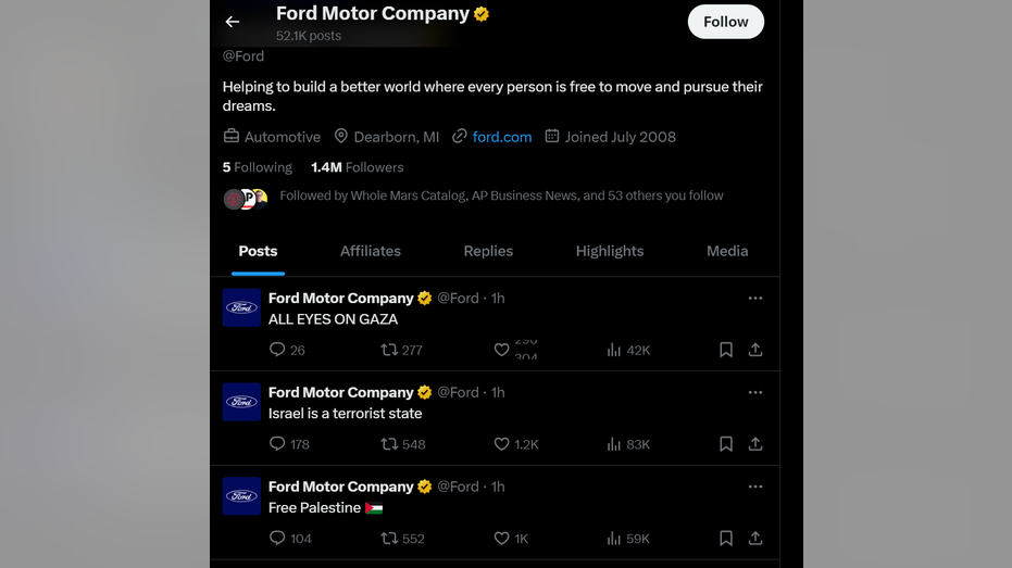 Ford's X account showing anti-Israel messages