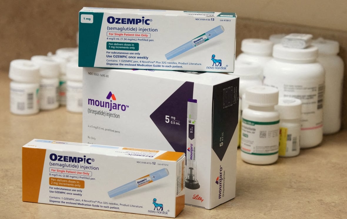 Boxes of Ozempic and Mounjaro, semaglutide and tirzepatide injection drugs used for treating type 2 diabetes and made by Novo Nordisk and Lilly.