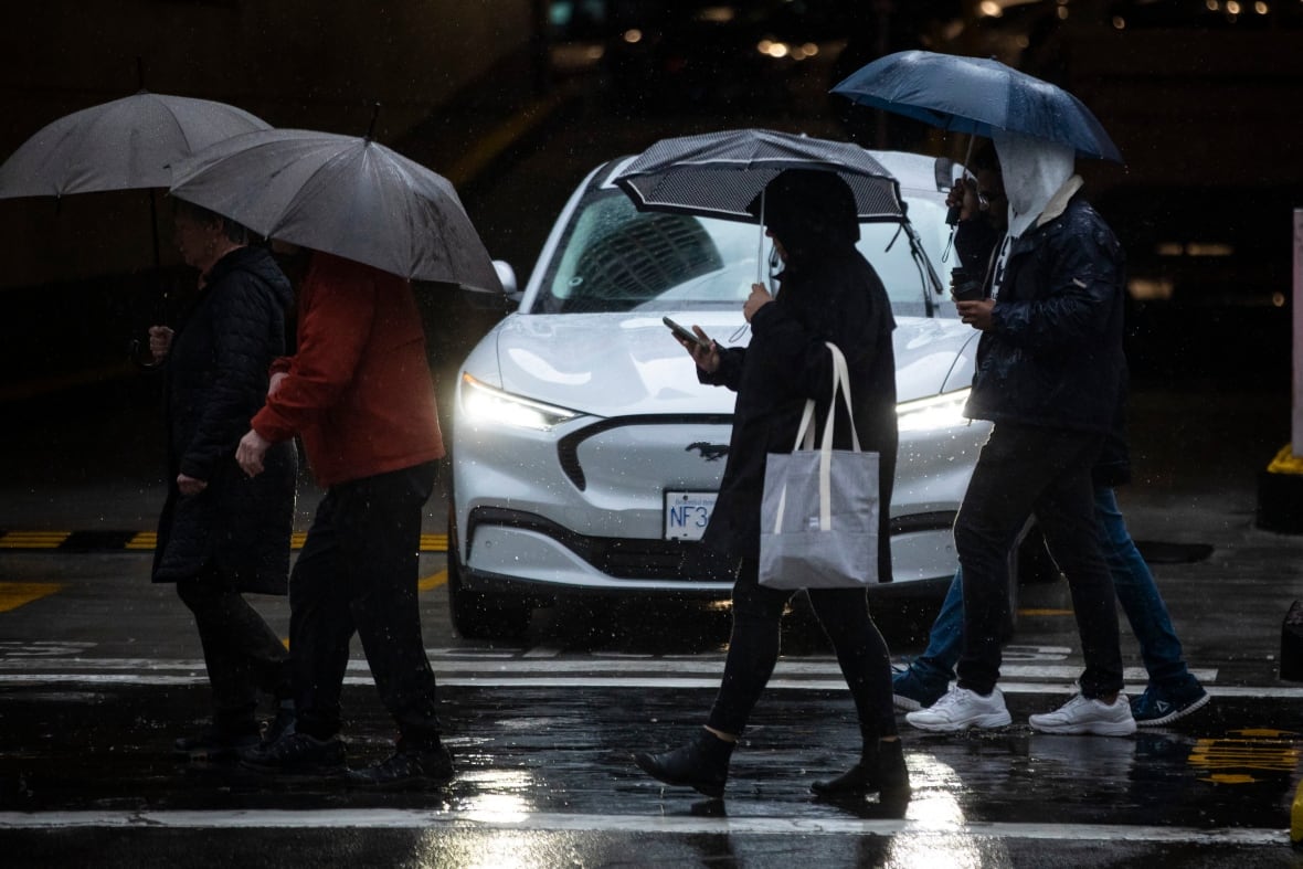 Four people with umbrellas walk in the rain on a street in front of a white car in the dark.