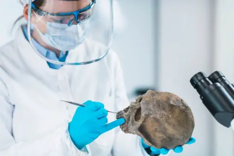 SPL Ancient DNA analysis. Female scientist holding micro tube with sample in ancient DNA laboratory.