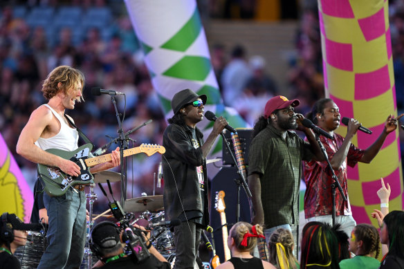 King Stingray perform before the 2023 NRL grand final at Accor Stadium in Sydney.