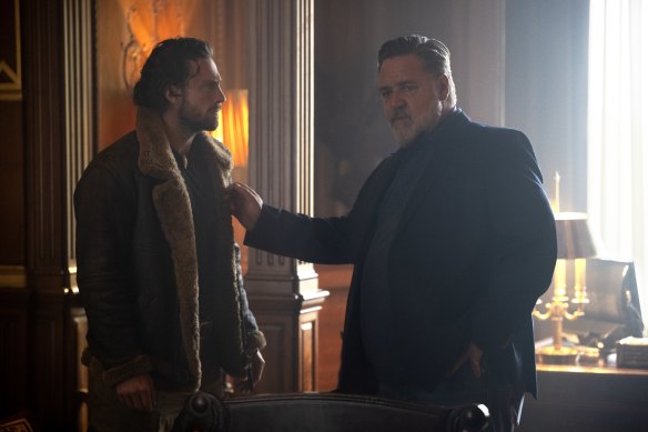 Aaron Taylor-Johnson (left) and Russell Crowe play father and son in Kraven the Hunter. 