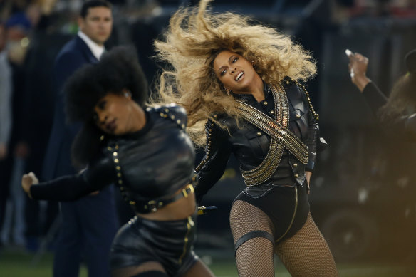 Beyonce performing at the 2016 NFL Super Bowl.