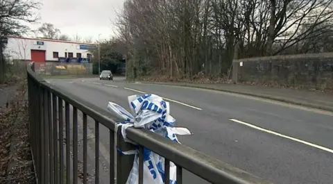 BBC The scene of the collision shows a road with railings and police tape attached to it, as a car can be seen driving in the background. There are trees on the right side of the road.