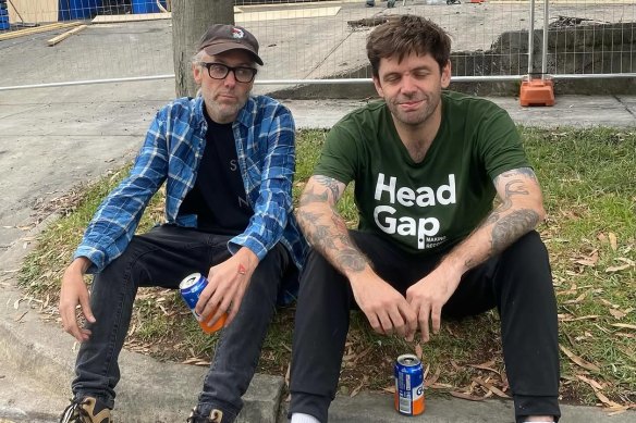 Finn Keane (left) and Rohan Sforcina, whose business Head Gap Recording Studios was destroyed in a blaze on Friday morning.