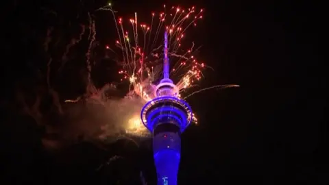 Fireworks display at the iconic Sky Tower, Auckland, New Zealand